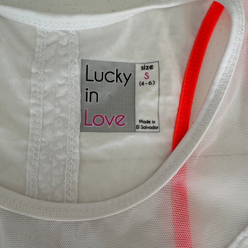 Lucky in Love Wet and Wild Tennis Tank Top White Orange Raquet Sports Small - Picture 3 of 6